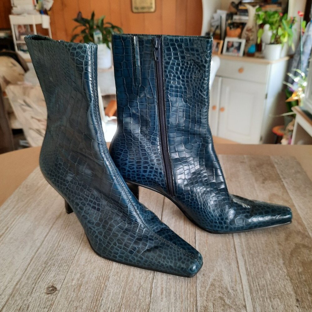 ANTONIO MELANI Miranda Croc Embossed Leather Stiletto Ankle Boot - Teal, Size 7